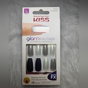 NIB KISS Glam Fantasy Nails - Silver and Navy Long Length